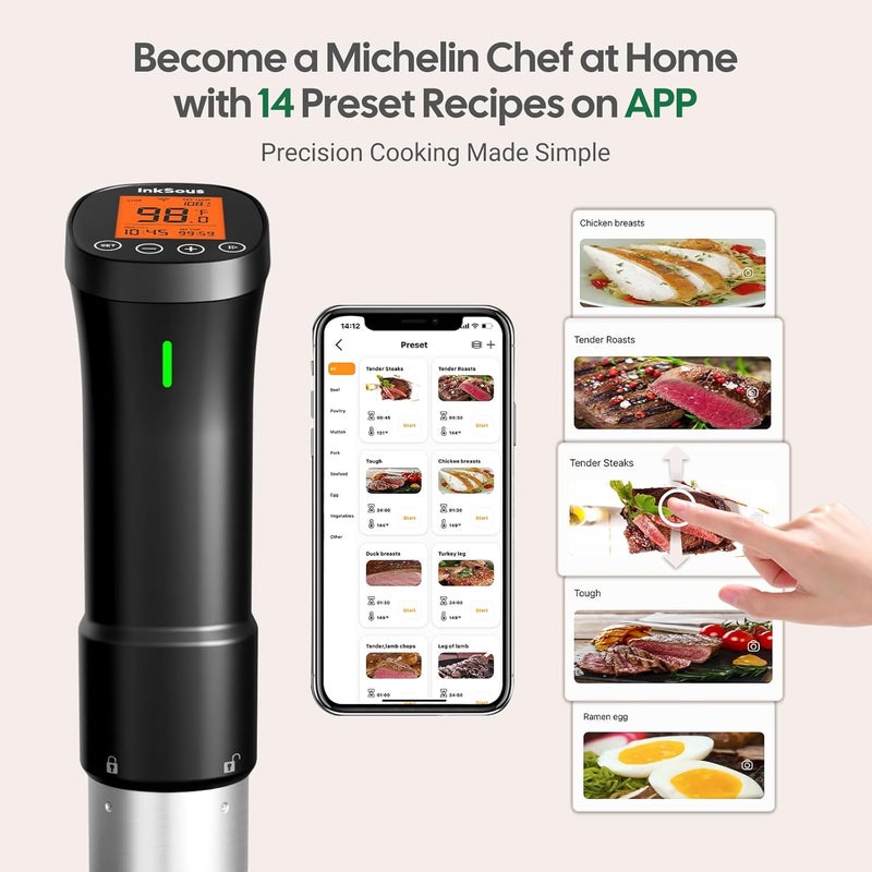 InkSous Store WIFI 2.4G Sous Vide Cooker 1000W Immersion Circulator with APP 14 Recipes,Alarm,Calibration & Timer, 3D Water Fast Heating Ultra-Quiet Sous Vide Machine - Image 3